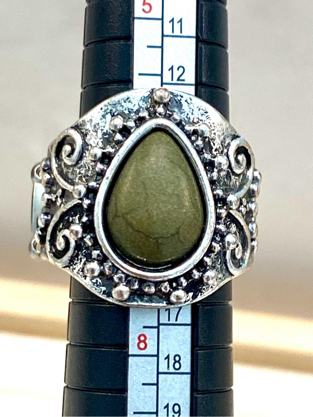 Olive Green Teardrop Cabochon Ring Antique Silver Detailed Edge Stretch Band